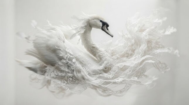 Graceful white swan with ornate lace feathers