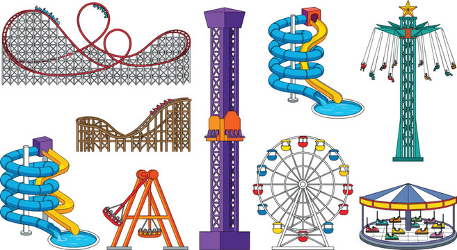 Amusement Park Attractions Set with Colorful Rollercoasters Ferris Wheel Water Slides Carousel and Theme Park Ride Vectors Isolated on White Background