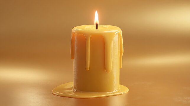 Beeswax candle with melting wax drips, glowing yellow candle flame on golden background, warm atmospheric lighting for spa and wellness