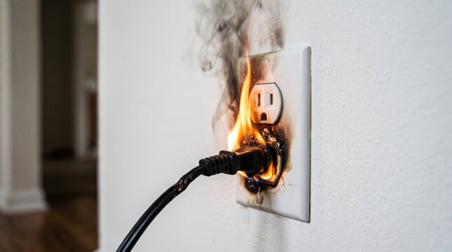 Electrical Wall Outlet Burning Fire Short Circuit Flame Cable Overload Socket Hazard Danger Concept