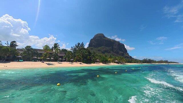 Le Morne Brabant mountain view from the turquoise ocean in Mauritius