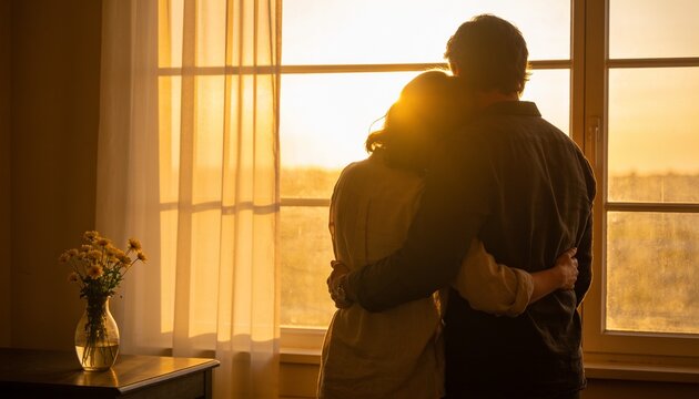 A Moment of Intimacy: A couple embraces by the window, silhouetted against the warm, golden hues of the setting sun, sharing a quiet, tender moment.