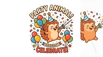 Fototapeta premium Cute cartoon hedgehog celebrating with balloons and party hat.