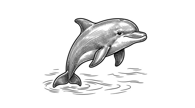 Hand drawn jumping dolphin engraving on white background