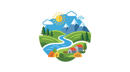 Naklejka premium Flat Vector Illustration of a Scenic Countryside Landscape with Mountains and River