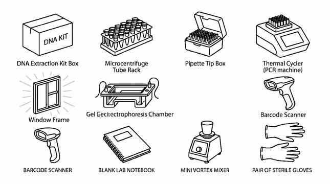 A collection of line art icons representing essential laboratory equipment and scientific research tools.