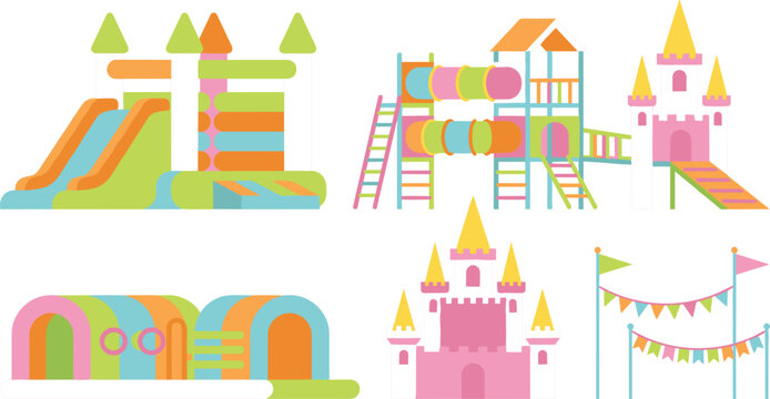 Children Playground Element Set with Pastel Bouncy Castle Slides Play Tunnels Jungle Gym and Carnival Bunting Flags Flat Vector Illustration