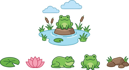 Obraz premium Pond Nature Scene and Cute Frog Icon Set with Lily Pad Lotus Flower Reeds Clouds and Stones Vector Illustration Isolated on White