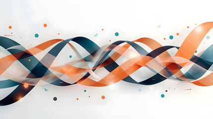Fototapeta premium Abstract intertwined wavy ribbons in orange and teal with scattered dots on a light background.