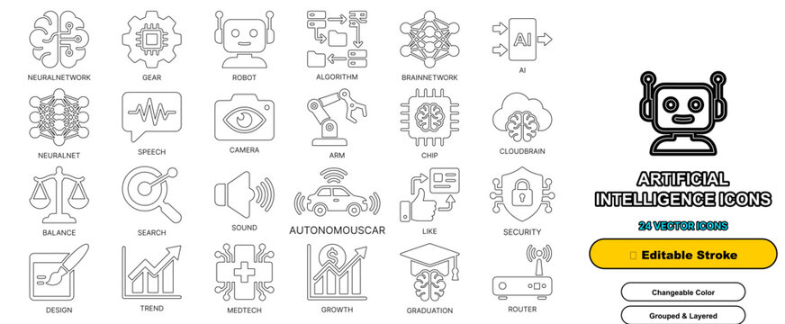 Artificial intelligence editable stroke outline icon set for future computer technology network science digital ai and automation