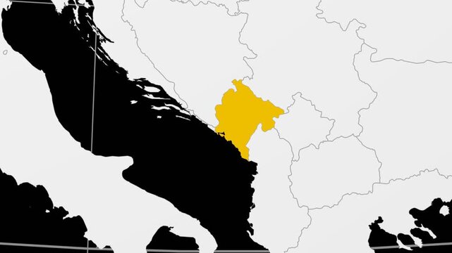 Montenegro map. Animated zoom into the country on the Globe in Black White color palette. Country logo animation. Map with meridians, parallels. Amazing video.