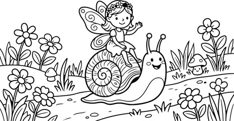 Fototapeta premium Cute little fairy riding a friendly snail in a flower garden for a fun kids coloring book page