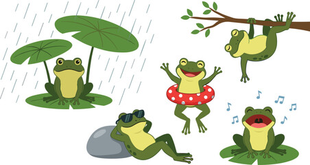 Fototapeta premium Cute Frog Character Activity Set with Singing Hanging on Tree Branch Swimming with Ring and Sunbathing Flat Line Vector Illustration