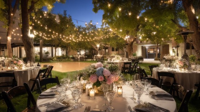 Elegant outdoor wedding reception at night, romantic garden party with string lights and floral centerpieces, luxury evening banquet event