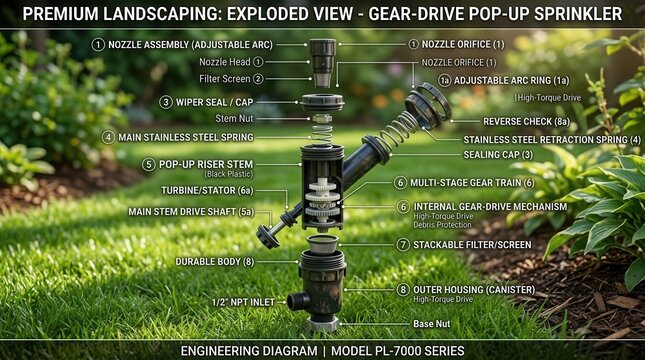 Exploded view of a gear-drive irrigation sprinkler. Technical diagram of lawn watering parts.