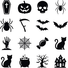 Fototapeta premium Set of black halloween icons and silhouettes for holiday decoration and party designs with halloween
