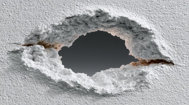 Textured white concrete wall with dark shattered opening