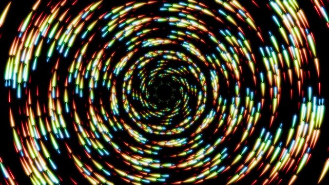 Magical seamless loop animation of colorful star particles rotating right to left, abstract neon galactic vortex background on black background 3d render