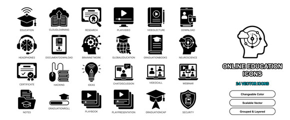 Fototapeta premium Online education silhouette shape icon set for degree study course academy teach science knowledge and book