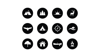 Minimalist outdoor adventure icon set with arranged grid easy visual reference displays collection twelve clean adventure themes with circular icons © Soma