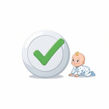 Newborn baby sleeping peacefully with checkmark approval symbol. Infant health success milestone icon for medical pediatric care and parenting achi...