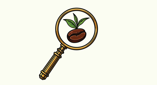 A vintage style magnifying glass examining a single roasted coffee bean with green leaves.