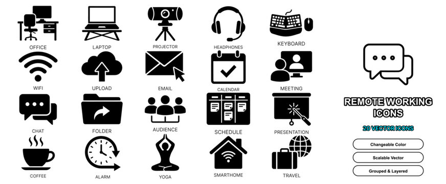 Remote working silhouette shape icon set for business workspace worker network internet team laptop and communication