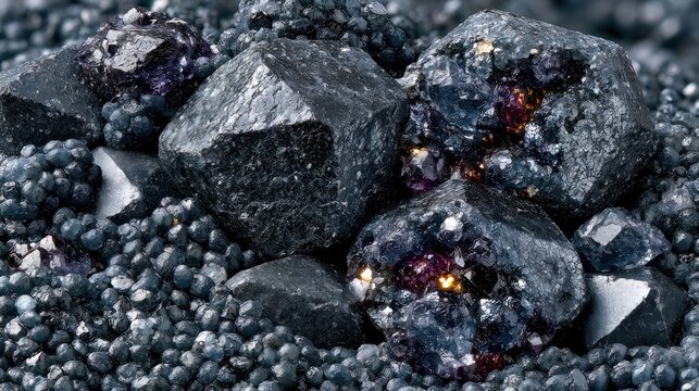 Dark Textured Minerals with Glowing Crystal Inclusions