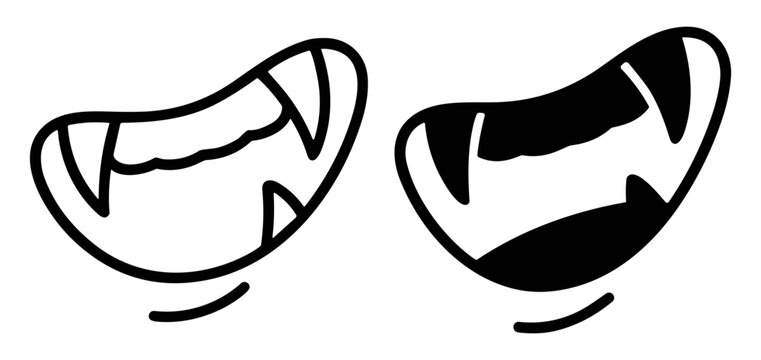 Cartoon vampire fangs in black and white silhouette and outline style on transparent background