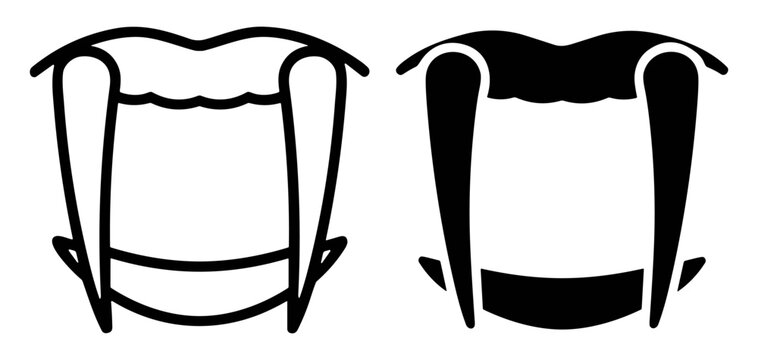 Set of black and white vampire face icons with fangs and ears on transparent background
