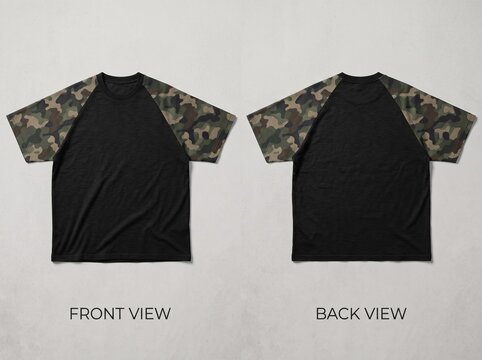 Blank Black T-Shirt Mockup with Camouflage Raglan Sleeves, Front and Back View Presentation Template