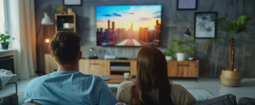 Back view of a man and woman sitting side by side on a comfortable living room couch watching television during the day