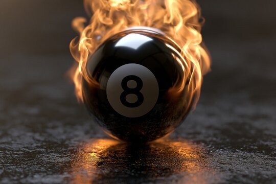 Black eight ball engulfed in intense orange flames on dark textured surface