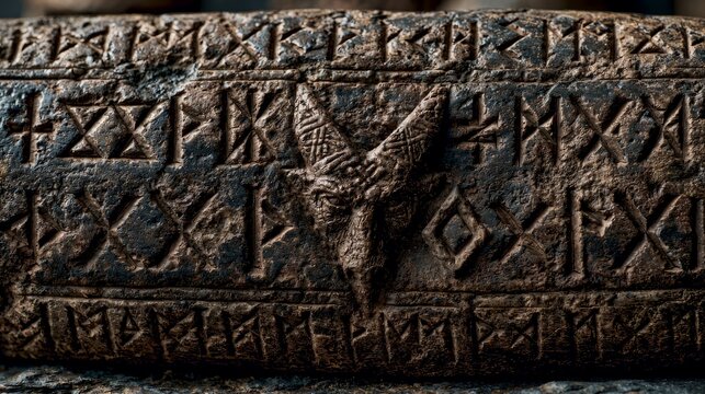 Ancient Mythical Symbols Carved in Dark Stone Texture