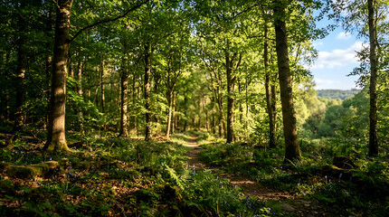 Fototapeta premium Sunlight in a lush green forest. Scenic woodland trail with trees and golden sun rays.
