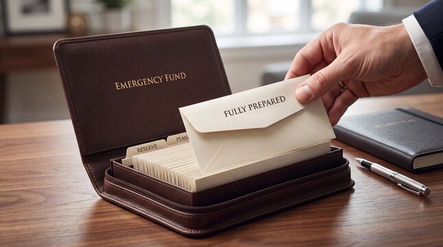 Hand taking envelope from emergency fund wallet organizer with removing labeled envelope leather wallet