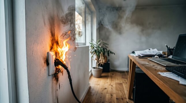 Electrical Outlet On Fire In Office Heavy Smoke Short Circuit Wall Socket Flame Hazard Concept