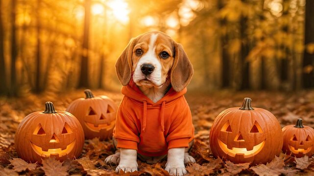 A cute beagle puppy wearing an orange hoodie sitting among glowing jack o lanterns for a fun helloween celebration