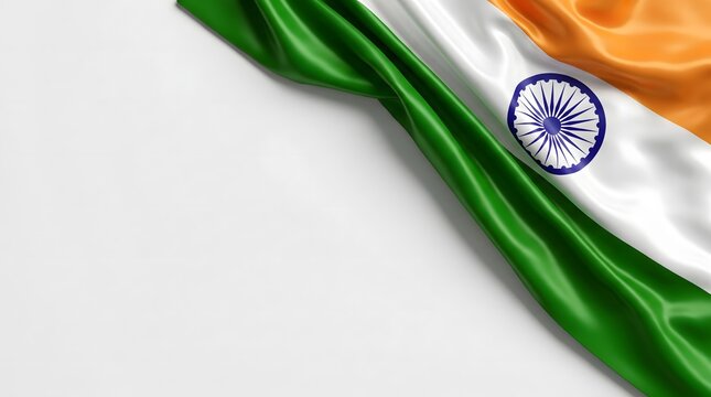 Indian Flag Silk Fabric Waving Corner on White Background with Copy Space