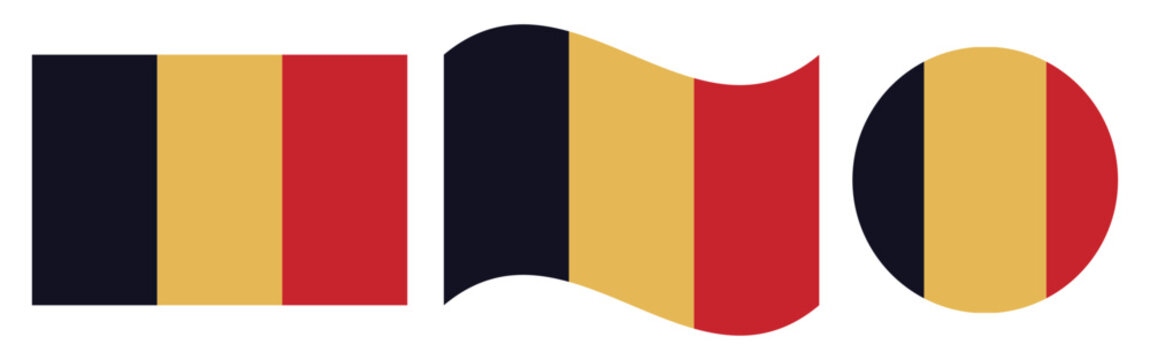 Belgium national flag collection featuring rectangle, waving banner and circle icon shapes, flat vector illustration isolated on white background for travel, geography, patriotism and graphic design