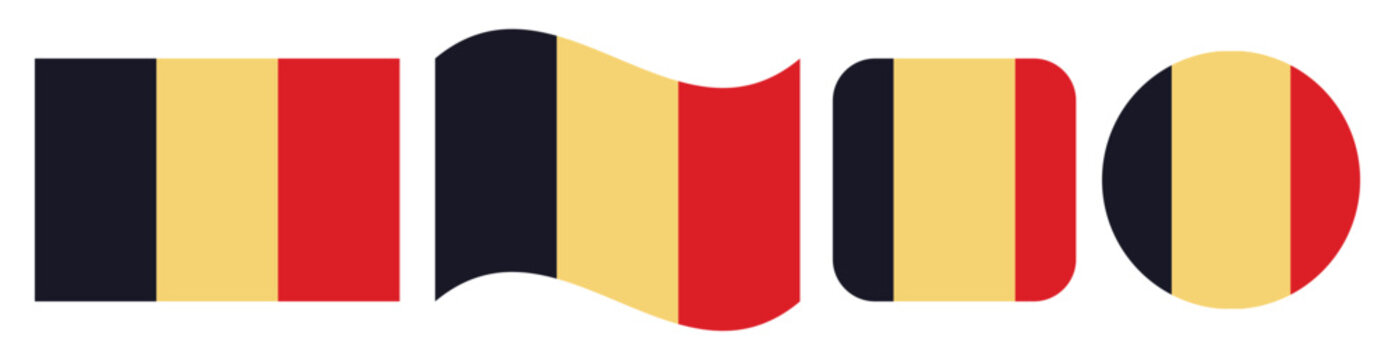 Belgium national flag collection featuring rectangle, waving banner, rounded square and circle icon shapes, flat vector illustration isolated on white background for travel, geography, patriotism and 