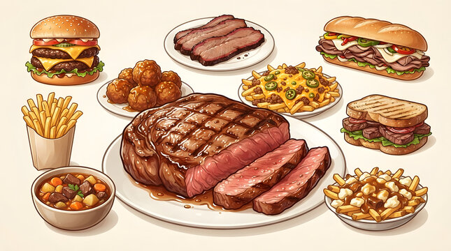 American Fast Food Meat Menu Set Featuring Grilled Ribeye Steak, Double Cheeseburger, Philly Cheesesteak Sandwich, and Poutine Vector Clipart