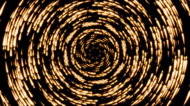 Luxury seamless loop animation of golden star particles rotating right to left, premium gold galactic vortex backdrop on black background 3d render