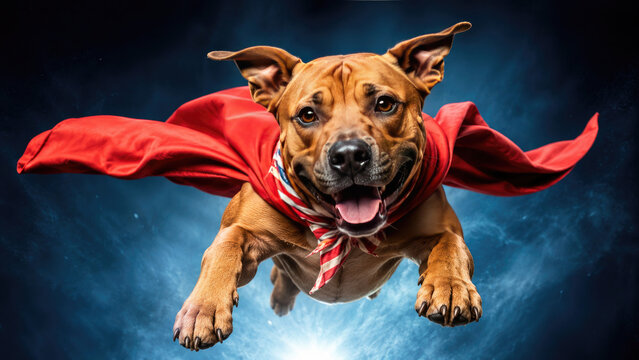 A happy brown dog wearing a red superhero cape flying through a dark blue sky for a fun helloween celebration