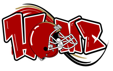 Naklejka premium Bold bubble HOME lettering with a football helmet accent, red. Sporty vector clipart for cricut, sublimation, apparel, and craft projects.