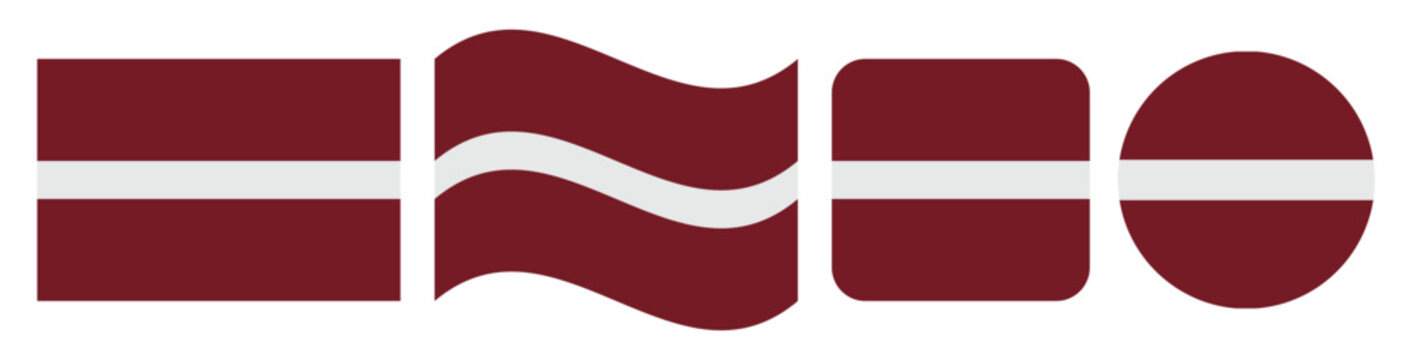 Latvia national flag collection featuring rectangle, waving banner, rounded square and circle icon shapes, flat vector illustration isolated on white background for travel, geography, patriotism and d