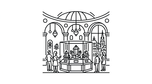 Illustrated interior of a grand cathedral with worshippers.