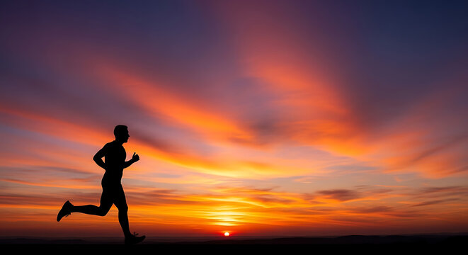 Man running silhouette at sunset in the evening