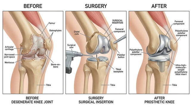 Professional medical illustration of total knee replacement surgery comparing an arthritic knee, prosthetic implant placement