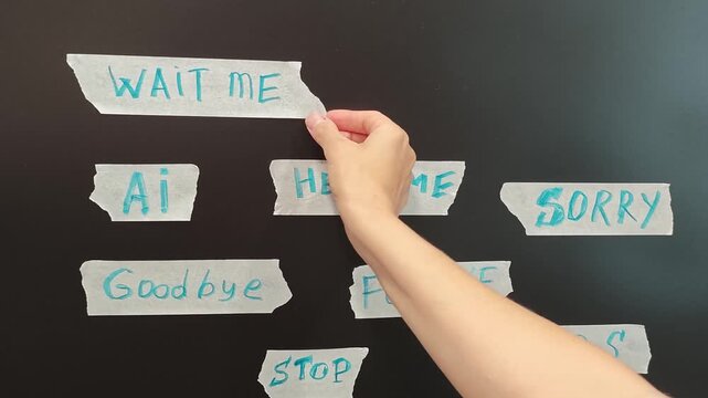Words on a wall show messages of help, memory, and goodbyes in a quiet room